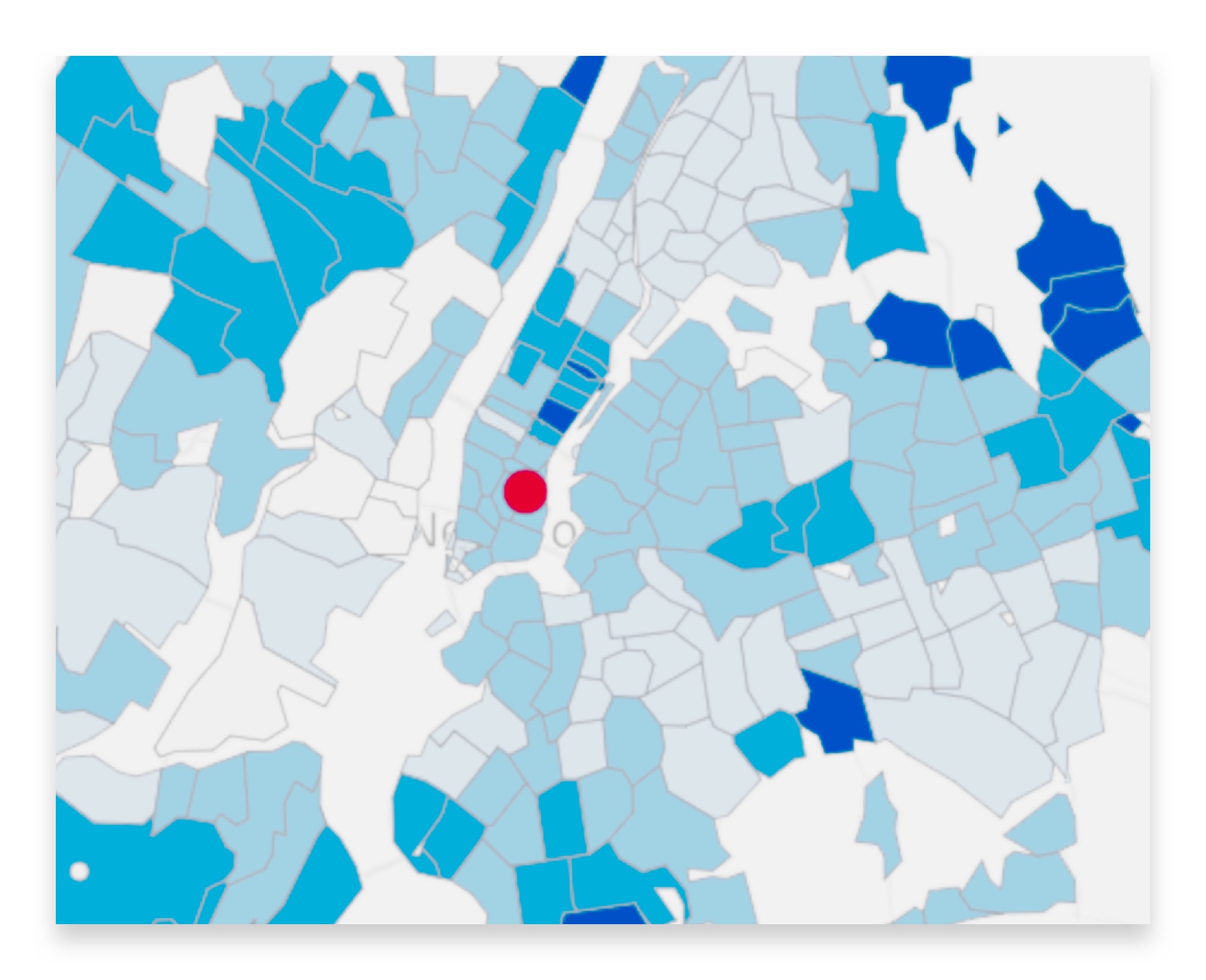 Map of New York City with blue and white sections and red dot in lower Manhattan.